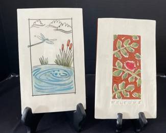 2 Terracotta Tile Art Pieces From Red Art Studio Dragon Fly  Bird