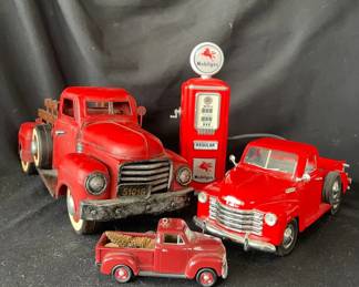 1950s Red Metal Pickup Truck With Two Smaller Versions  Replicated Mobil gas Pump