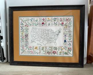32 X 26 Embroidered Map Of The United States  State Flowers