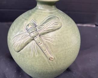 Green Ceramic Vase With Dragonfly Design
