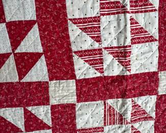 Antique Red and White Patchwork Quilt with Paisley and Star Blocks