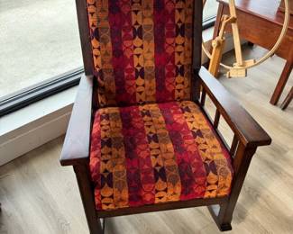 Arts and Crafts Mission Style Rocking Chair with Geometric Upholstery