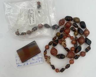 Trifari Glass Bead Necklace with Sliced Stone Pendant