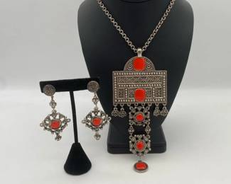 Orange and Silvertone Berber Style Costume Jewelry with Necklace and Clip On Earrings