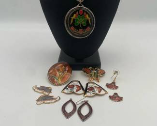 Enamel Jewelry including Necklace Earrings and Pin