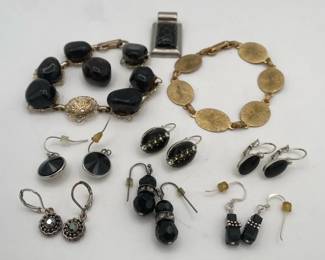 Assortment of Black Glass Jewelry with Bracelets Earrings and Pendant