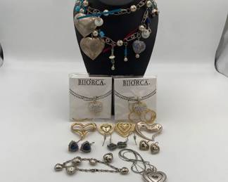 Collection of Heart Themed Jewelry including Necklaces Pins and Earrings
