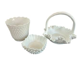 Vintage FireKing Mid century white Hobnail Milk glass lot 3 Pieces