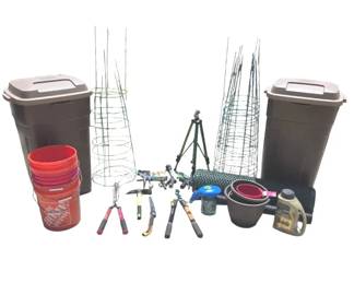 Bulk Backyard Gardening Maintenance Lot Tools, Buckets, Cages Bins