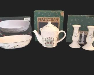Pfaltzgraff Winterberry Holiday Stoneware Lot Teapot, Serving Bowl Candlesticks With Boxes