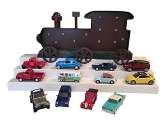 Vintage Modern Diecast Model Car Lot 12 Pcs with Lit Metal Train Decor