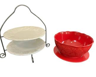 Vintage WilliamsSonoma 2Tier Stand Pioneer Woman Red Floral Serving Bowl