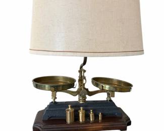 MCM Brass Balance Scale Lamp W Cast Iron Wood Base