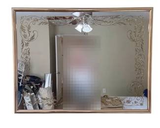 Vintage Large Etched GoldFramed Wall Mirror Ornate Floral Scroll Border