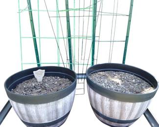 Pair Of Outdoor Planters With Vine Supporters.