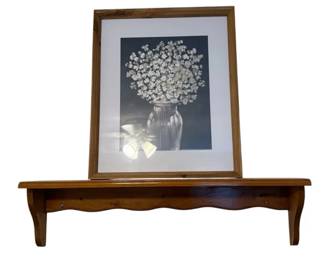Framed Floral Still Life Art with Scalloped Wooden Display Shelf