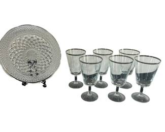 French silverrim Goblets Pressed glass Starburst Platter Set