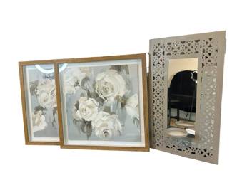 Chic Modern Decor Set, Matching Pair Of Framed Floral Art Accent Mirror