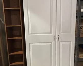White Laminate Storage Cabinet  Brown Narrow Shelf