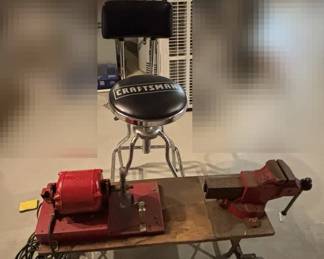 Vintage Bench Grinder and Vice with Craftsman Stool