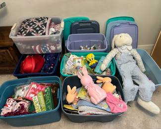 7 Mystery Lot Bins Of Holiday Decor Easter, St Patricks Day, 4th Of July, Valentines Day