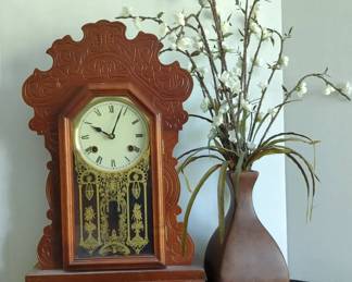 Wood Clock and Fancy Faux Plant