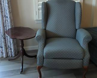 Blue Wingback Recliner with Pedestal Side Table