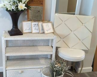 White Wicker Shelf, Chair, More