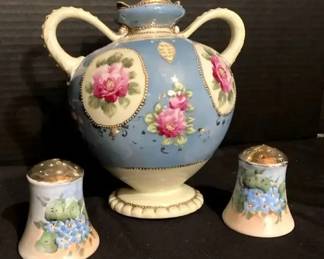 Nippon Hand Painted Double Handle Vase  Japanese SaltPepper