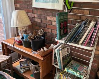 Books, baker rack, drop-leaf table