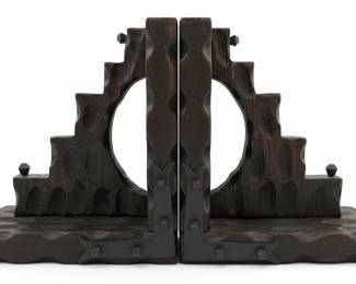Vintage Brutalist Wood  Iron Bookends, Possibly Spanish Origin