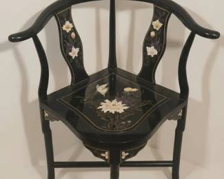 Vintage Chinoiserie Black Lacquer Corner Chair with Mother of Pearl Inlay