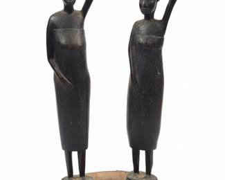 Pair of Vintage Tanganyika African Wood Carved Female Water Carrier Statues
