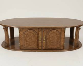 Vintage Oak Oval Coffee Table with Carved Cabinet Doors