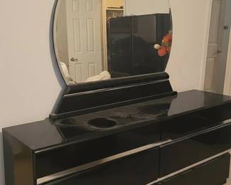 Postmodern Black Lacquer SixDrawer Dresser with Round Mirror