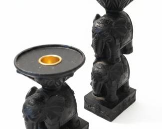 Pair of Black Elephant Figurine Candle Holders with Gold Accents