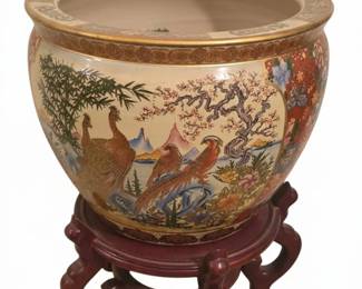 Vintage Chinese Famille Rose Pheasant Motif Fish Bowl Planter with Stand