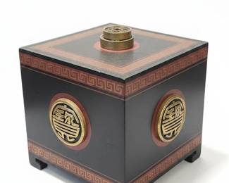 Vintage Chinese Black Lacquer Jewelry Box with Coin Medallion and Greek Key Border
