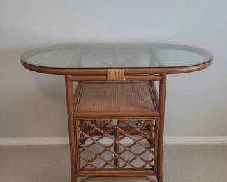 Vintage Rattan and Glass Top Side Table with Magazine Rack