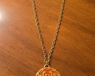 Vintage Trifari Orange Enamel Floral Pendant Necklace