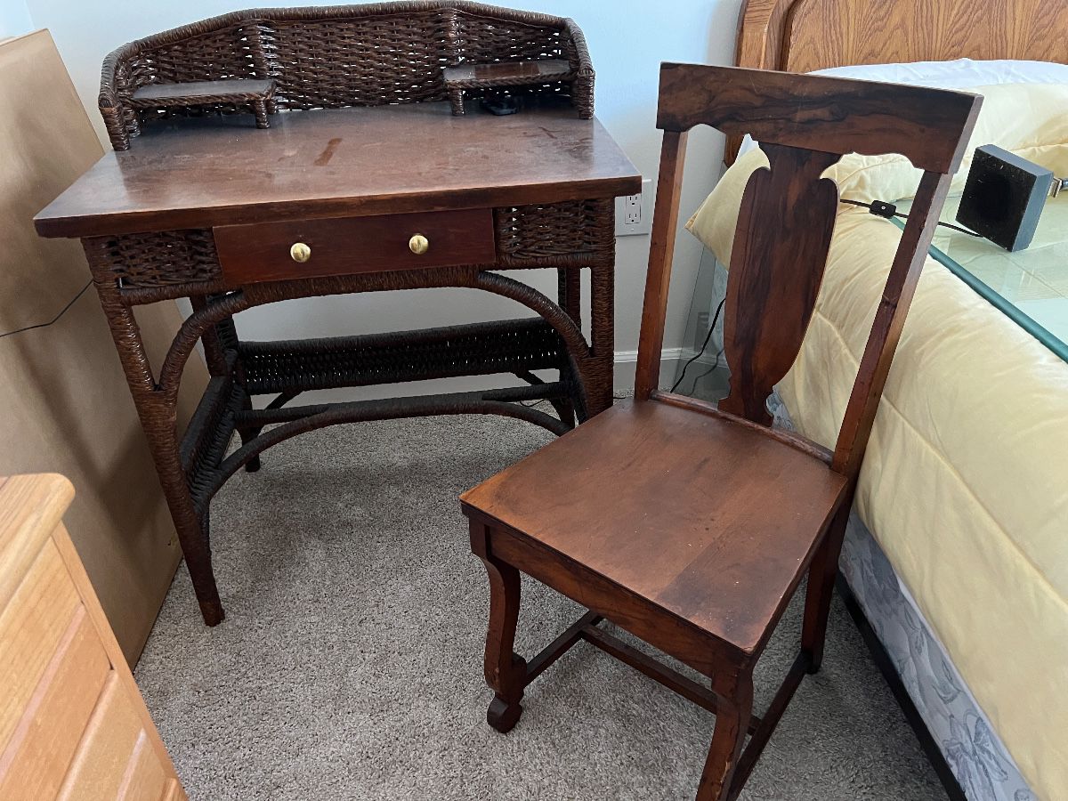 Antique Wicker & Wooden Desk & Chair - Sold Together
