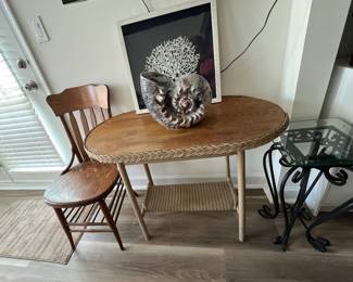 Side Chair, Wicker Oval table, Small Wrought Iron Side Table