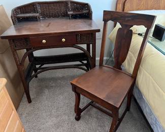 Antique Wicker & Wooden Desk & Chair - Sold Together