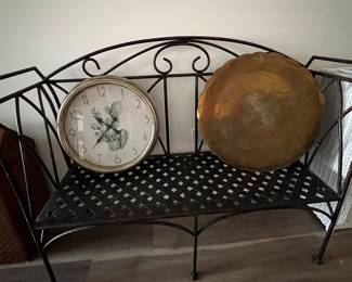 Metal Bench, Clock, Brass Tray