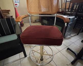 3 70's Cane backed, velvet seat, swivel barstools