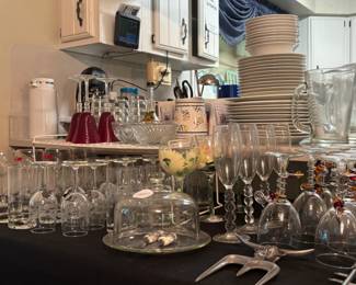 stemware, glasses, plates, glass pitchers