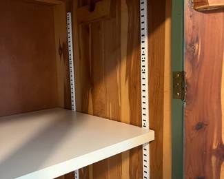C21 - $60. Painted, Cedar Lined Chest. Has spot to hold a hanging bar, but has been converted to adjustable shelves currently. Measures 30" x 20.5" x 62" tall. Sturdy but not super heavy. Paint is in very good condition.