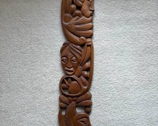 C62 - $30. African Tribal Hand Carved Wood Wall Hanging. Measures 5.5" W x 24.5 " Tall