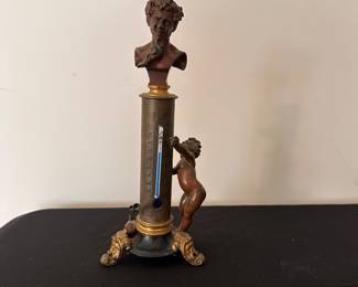 C127 - $95. Victorian Desktop Thermometer. Bronze and Copper With Cherub. Measures 9" Tall