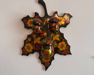 C112 - $40. Vintage Russian Khokhloma Maple Leaf with 3 mounted jars ( I think it was originally a dresser set and they glued the jars on and hung it on the wall). Measures 11" x 17" tall.